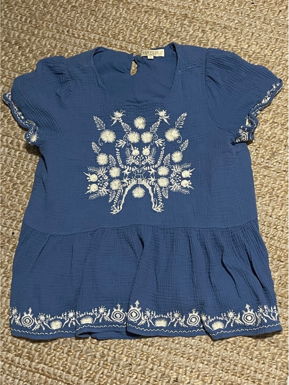 Farmers Market Blue Embroidered Peasant Top • Size M
